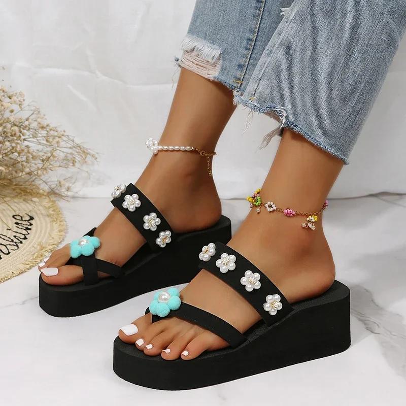Fashion Women' S Flowers Pearl Decor Toe-Clip Slippers Lightweight Wedge Comfortable Female Slipper Beach Non-Slip Platform Slides Mujer