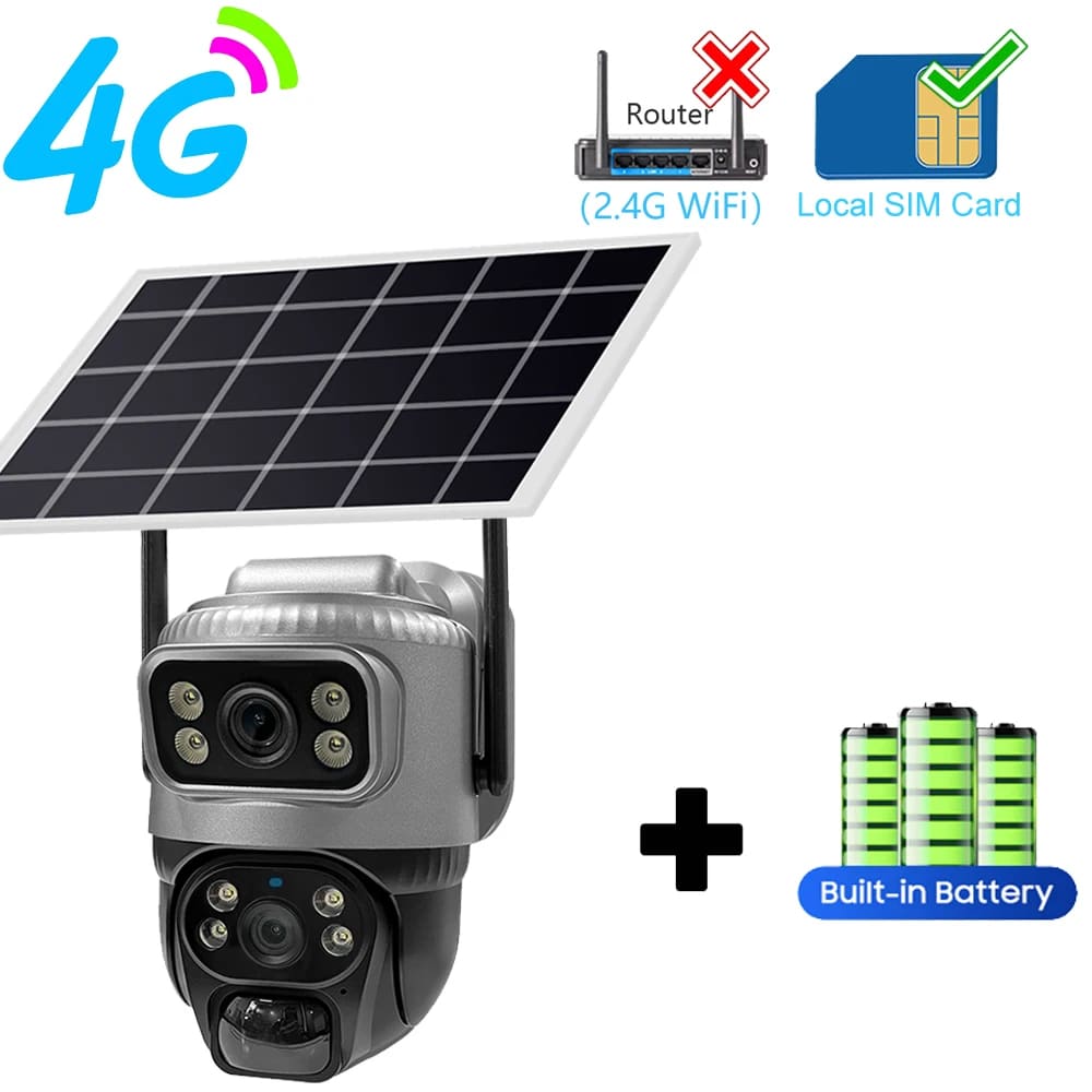 Новая солнечная камера 4K 8MP 4G SIM-карта с двумя объективами, WIFI, ночным видением, двойной экран, аккумулятор, PIR, обнаружение движения, наружное видеонаблюдение