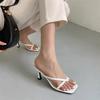 2025 Summer New Simple Style Square Head Toe Herringbone Thin Strap High Heel Cool Slippers Korean Version Fashion Thin Heel Women's Shoes