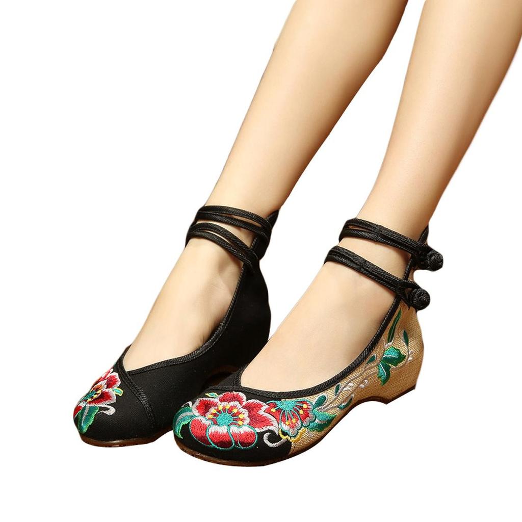 Chinese Embroidered Hibiscus Flowers Cloth Shoes Women's Shoes and Linen Tendon Soles