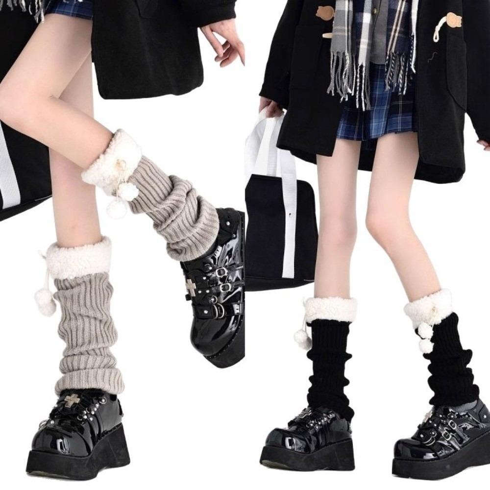 1pair Solid Color Knitted Leg Warmers Fuzzy Ball Heap Sock Boot Cuffs Mid-Calf Length Socks Girl