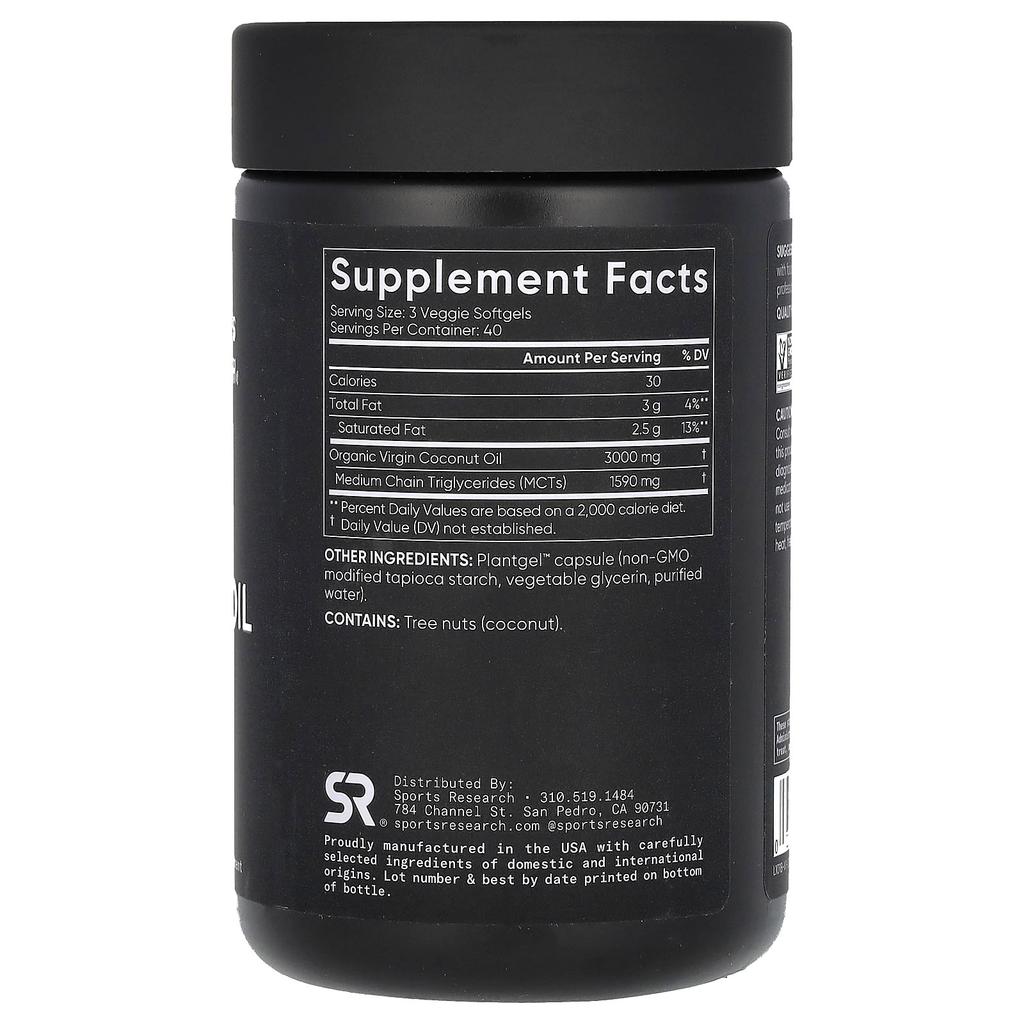 Sports Research, virgin coconut oil, cold pressed, 3,000 mg, 120 veggie softgels (1,000 mg per softgel)