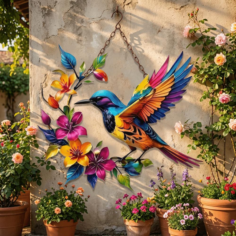 Hand Painted Iron Art Bird Wall Hanging Colorful Flower Colorful Birds Sculpture Balcony Patio