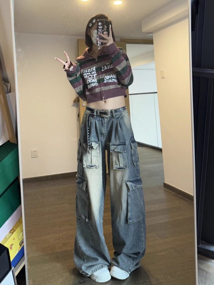 Винтажные мешковатые джинсы Harajuku 90-х годов Y2k, женские джинсовые брюки-карго с несколькими карманами в стиле гранж, повседневные широкие брюки с низкой посадкой