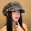 Button Plaid Beret Women's Autumn and Winter Versatile Face Small Cloud Octagonal Hat Big Head Circumference Painter Hat