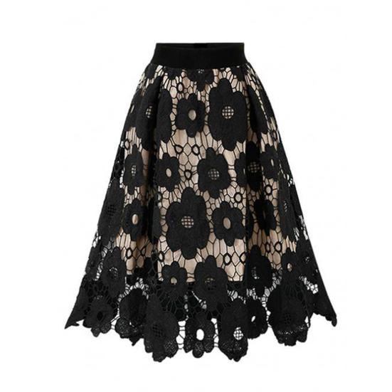 Женская юбка с высокой эластичной резинкой на талии, ажурное кружево с цветочным принтом, большая распашная двухслойная юбка до середины икры, женская вечерние юбка-миди для поездок на работу