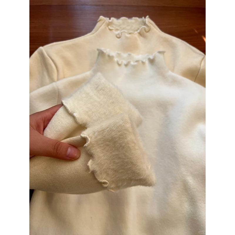 Свитер из флиса с грибным краем, утолщенный, с полувысоким воротником, женский, весенний, мягкий, восковой, для ношения под низ, топ с вязаным свитером внутри