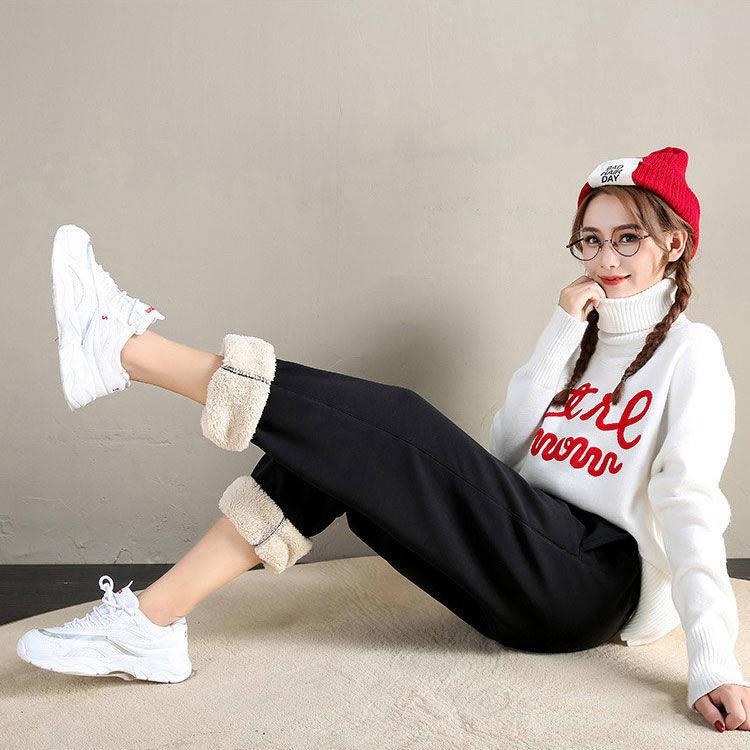 Winter Velvet Sports Pants for Women, Wide Legs, Loose Large Size, Fat Legs, Warm and Thick Lamb Velvet Lantern Pants, Waiver Pants