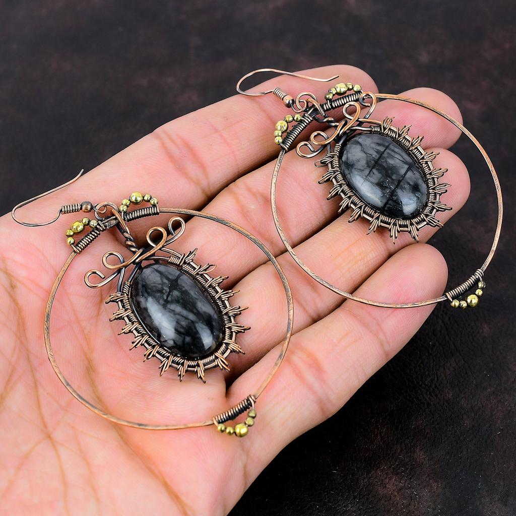 Серьги Picasso Jasper, медные серьги с проволокой, серьги с драгоценными камнями, медные украшения, изящные серьги для женщин, серьги ручной работы, подарок для мамы