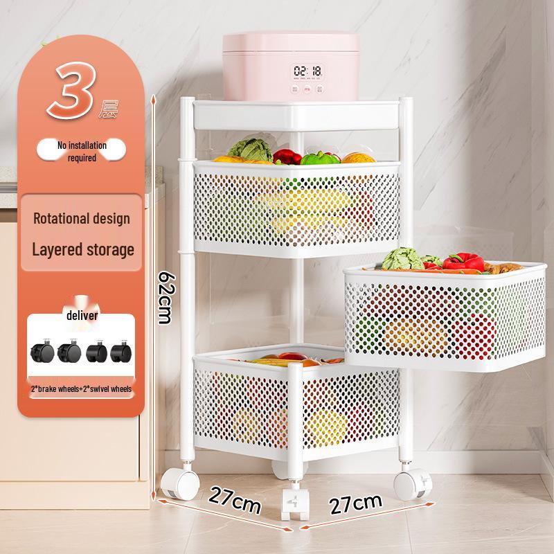 Вращающаяся многофункциональная кухонная тележка на колесах - Напольная многоярусная стойка для хранения закусок, фруктов и овощей