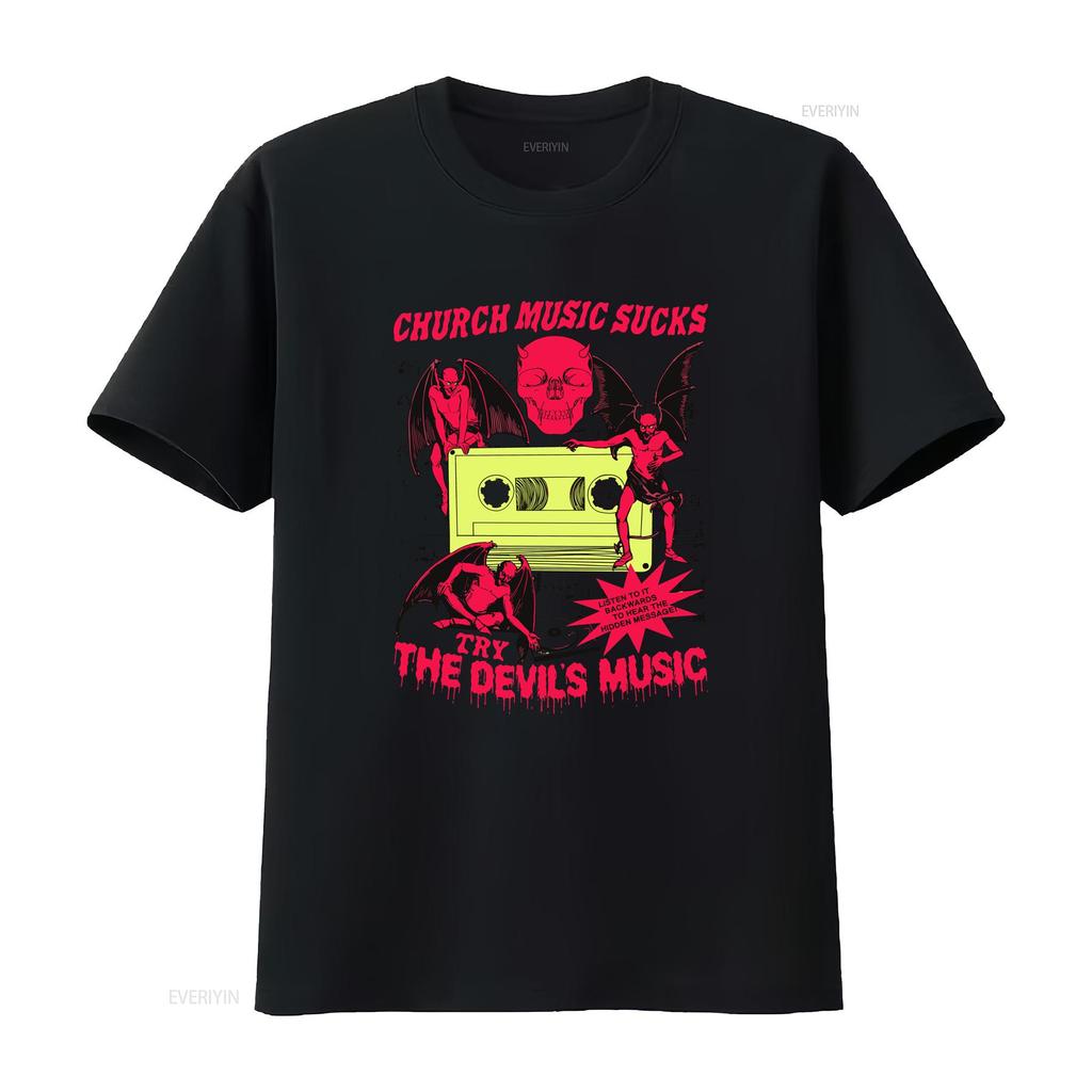 Church Music Sucks Try The Devils Funny Horror Retro Heavy Metal T Shirt vintage Washed fashion designer clothes Unisex Soft
