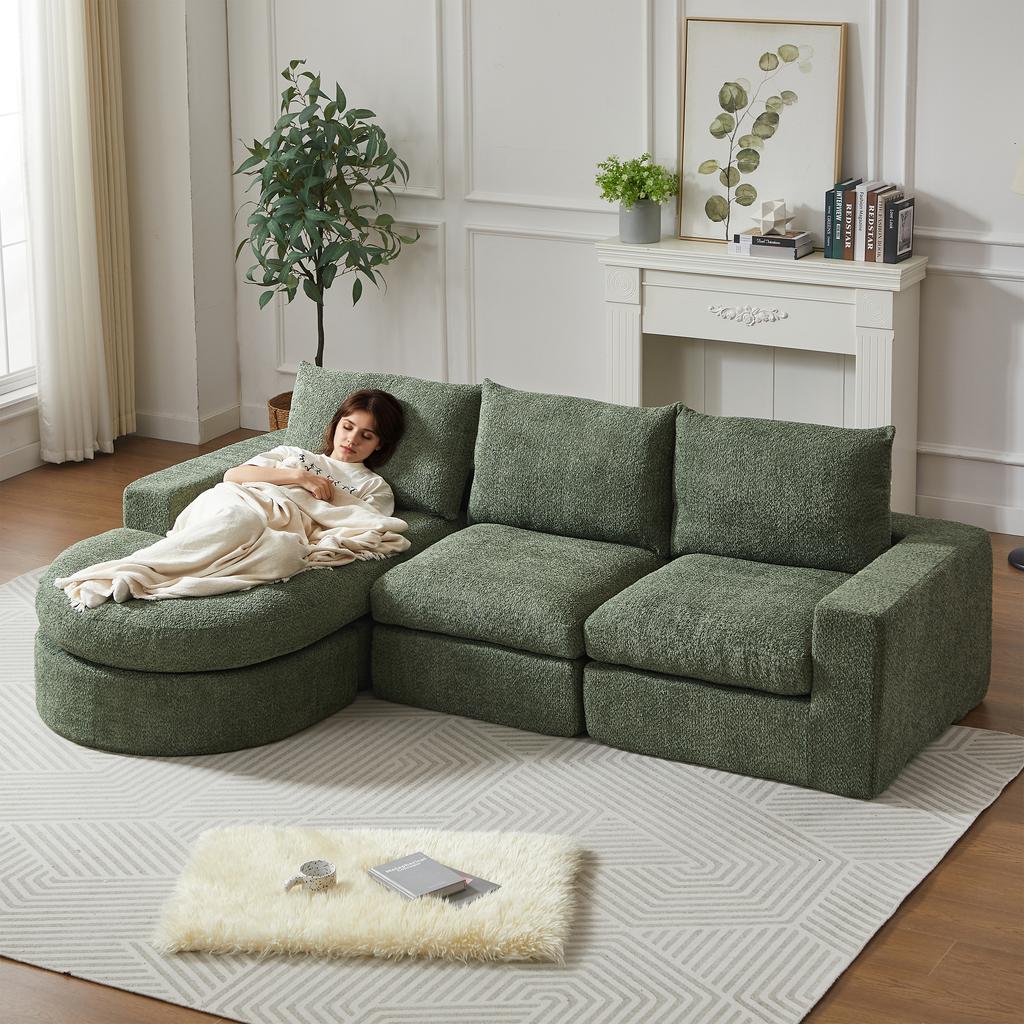 Chenille sofa with curved elements, fully compressed and without frame, modular combination sofa L-chaise longue, foam compression sofa W3349S00061