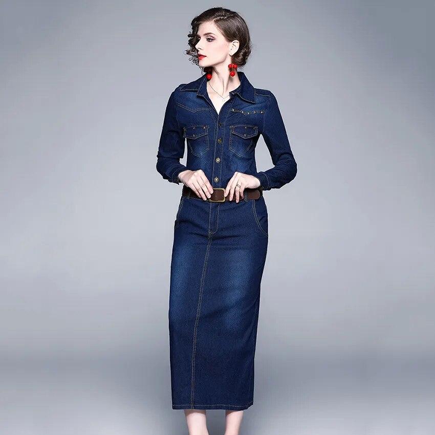 2024 Robe Jeans Dress Women Button Pocket Rivet Vintage Casual Long Denim Dresses Ladies Slim Bodycon Dress Robe Femme