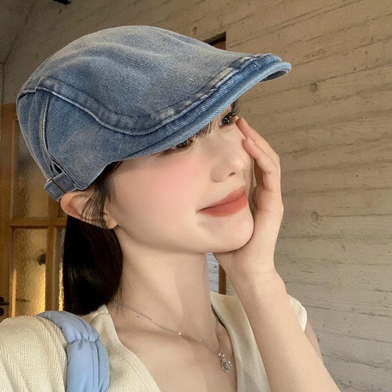 Spring and Autumn Retro Washed Denim Forward Hat Big Head Circumference Showing Face Small Beret Versatile Newsboy Hat Women's