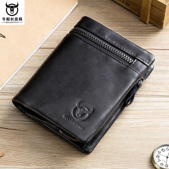 BULLCAPTAIN Короткий кошелек на молнии с тройной пряжкой, мужской кошелек из коровьей кожи, кошелек для монет, сумка для денег, держатель для визитных карточек, RFID-держатель