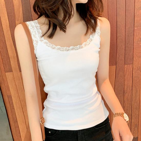 Женская туника с кружевной отделкой, топ без рукавов на тонких бретельках, летняя майка с круглым вырезом, майки