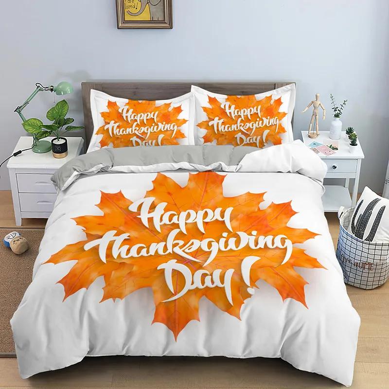 Autumn Thanksgiving Day Duvet Cover King Queen Cartoon Orange Pumpkin Turkey Bedding Set Maple Leaves Soft Polyester Quilt Cover