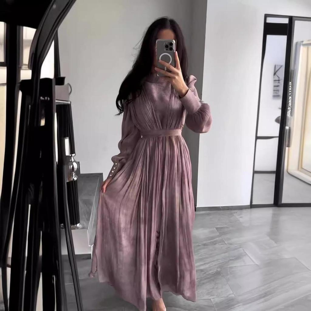 2024 Осеннее платье с цветочным принтом, завязкой на талии, стройнящее, плиссированное