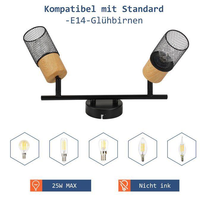Plafonnier NETTLIFE Spot en bois et métal 2x E14 Orientable 350°