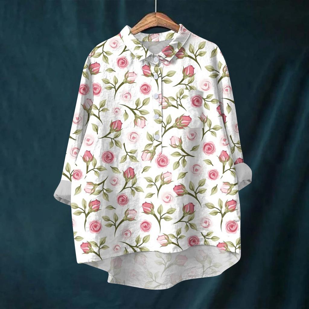 Женская рубашка-блузка с длинными рукавами и принтом на пуговицах, повседневный подол, нестандартный воротник рубашки