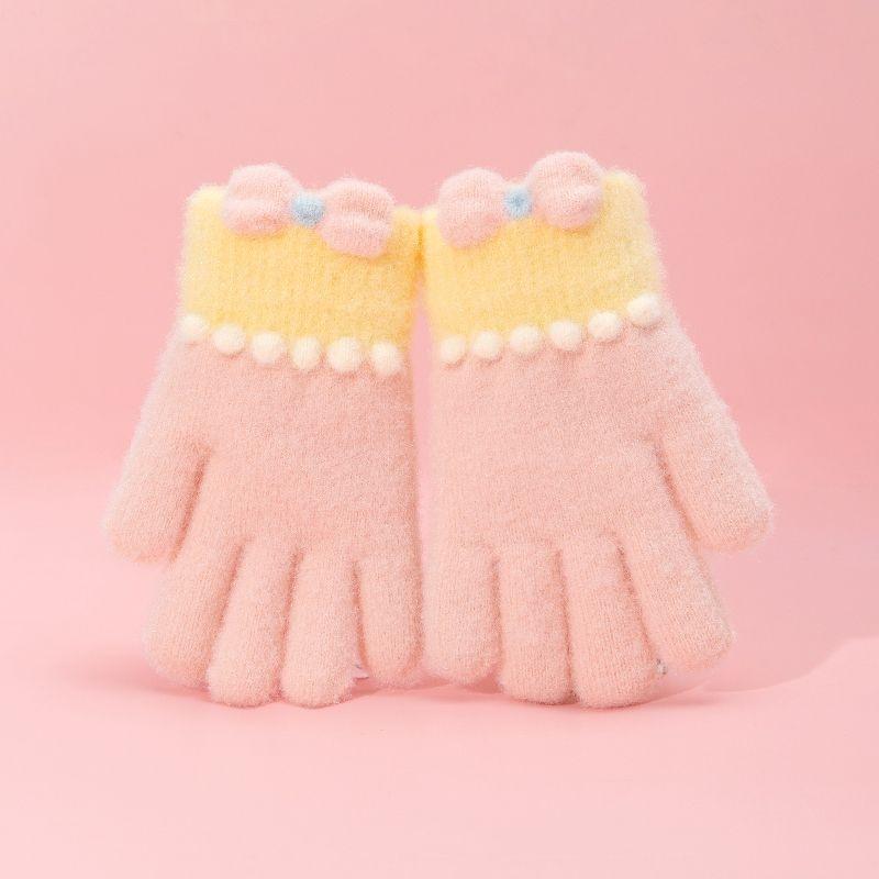 Защищающие от холода осенне-зимние перчатки, утолщенные, с бантом, полнопалые, детские вязаные перчатки, ветрозащитные, термо, толстые снежные перчатки
