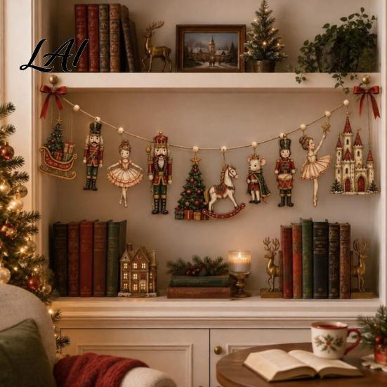 Christmas Nutcracker Garland Wooden Wreath Vintage Fairy Tale Hanging with European Style Festive Wall Decor Ballet Girl Horse Castle Fireplace And