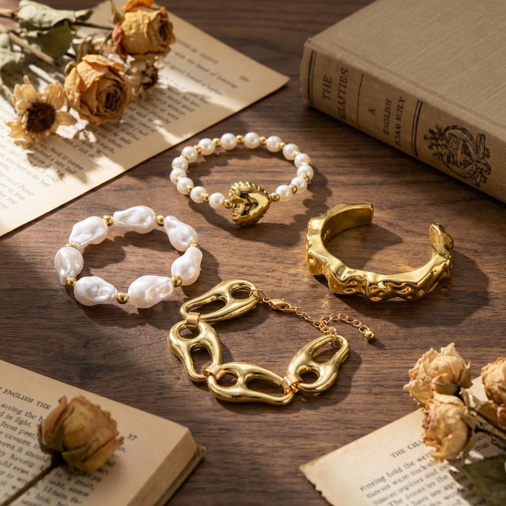 Exaggerated Baroque Imitation Pearl Beaded Bracelet for Women Vintage Gold Plated Opening Cuff Bangle Stackable Bracelet Jewelry