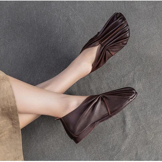 Johnature Ретро Плиссированные Балетки Ручной Работы из Натуральной Кожи с Круглым Носком на Мягкой Подошве Легкие Женские Слипоны