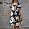 Летняя мода цветы принтованные женские ретро O-образный вырез свободные элегантные короткие рукава платья повседневные праздничные
