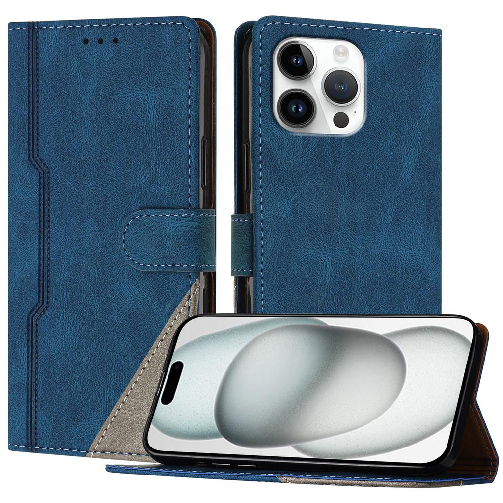 For iPhone 16 Pro Max Leather Case Triangle Patchwork Wallet Stand Shockproof Phone Cover