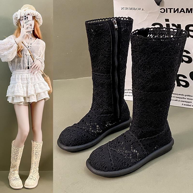 Мода 2025 полые сапоги дышащая обувь модная сетка вязаная линия высокая голень летние женские сапоги до колена труба женская обувь