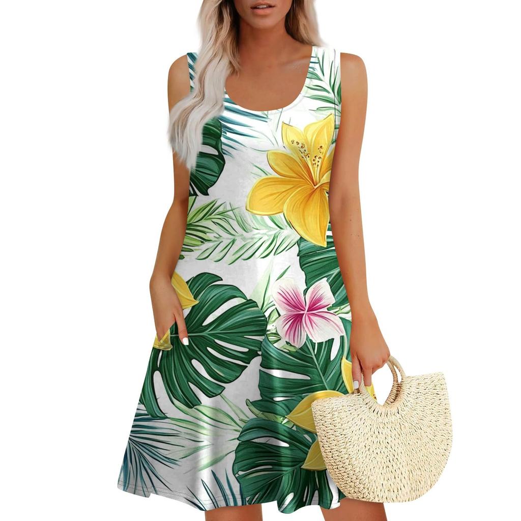 Women's Summer Casual Square Neck Floral Print Sleeveless Dress With Pockets