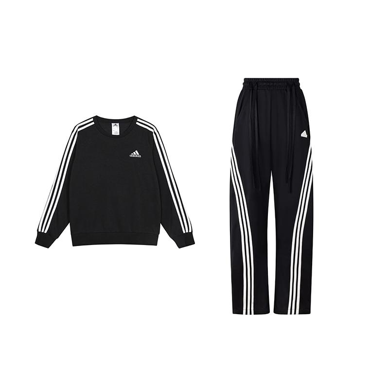 adidas Оригинальные свободные полосатые толстовки с длинными рукавами и брюки комплект для женщин черный GK9078JV9943