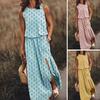 Women's Sleeveless Maxi Dress Casual Crew Neck Elastic Waist Split Long Dress