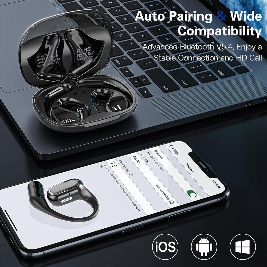 Наушники Bluetooth 5.4 TWS Наушники 40 часов воспроизведения Светодиодный дисплей питания Наушники с lPX5 Открытые наушники для спорта, работы, учебы