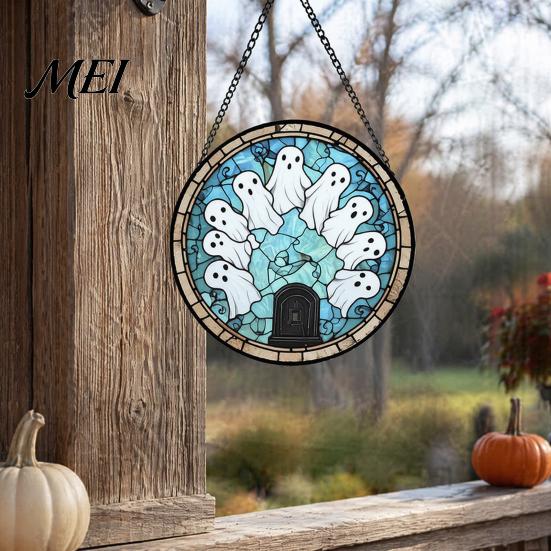 Halloween Window Decorations Stained Glass Suncatcher Ornament, Vintage Hanging Decor with Pumpkin Ghost Bat Witch Unique Holiday Art Hat Pattern,