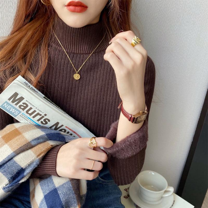 Fashion Thick Half High Neck Plush Base Sweater Women New Autumn and Winter Velvet Knitted Sweaters Tops Office Lady Casual Warm Knitwear 24866