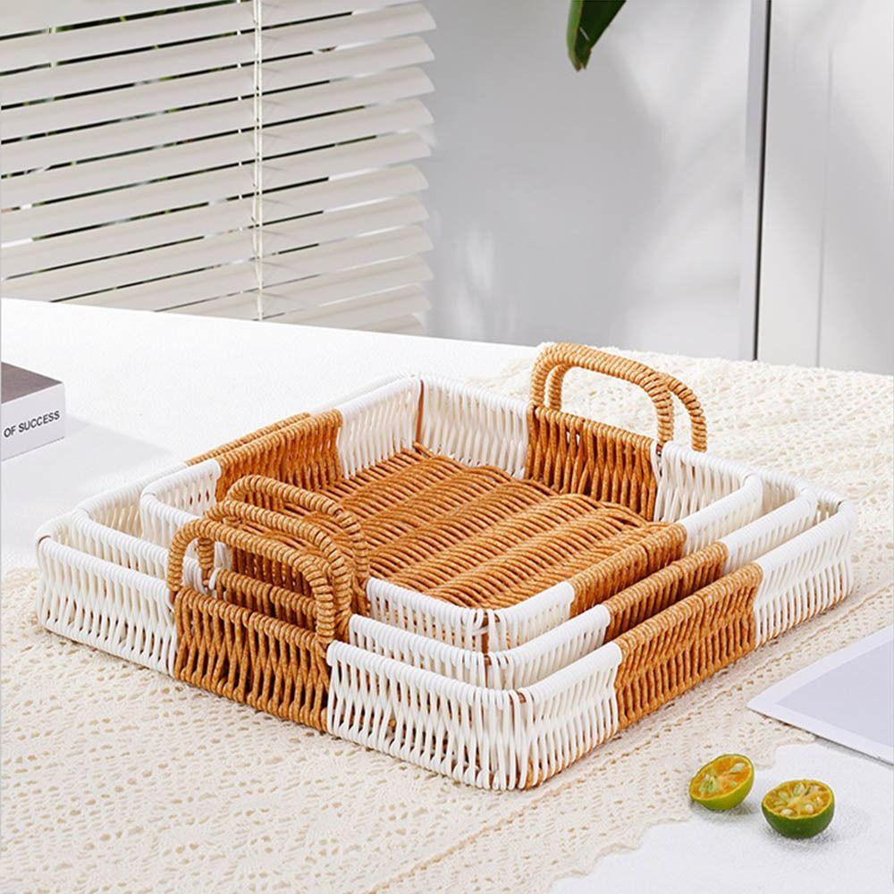 with Handles Woven Serving Tray Washable Imitation Rattan Fruit Plate Kitchen Storage