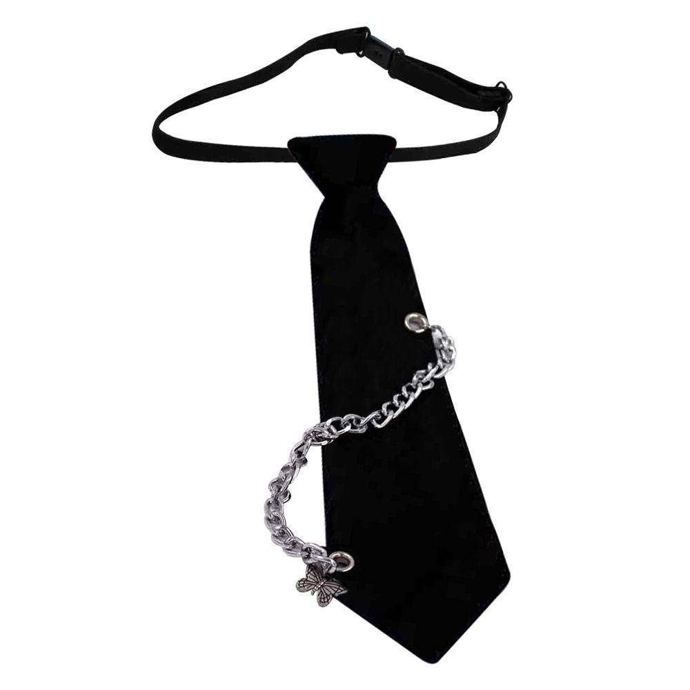 Punk Black Necktie Gothic Metal Chain Crystal Rhinestone Jewelry Bowtie Evening Adjustable Pre-Tied JK Shirt Decoration Bow Tie