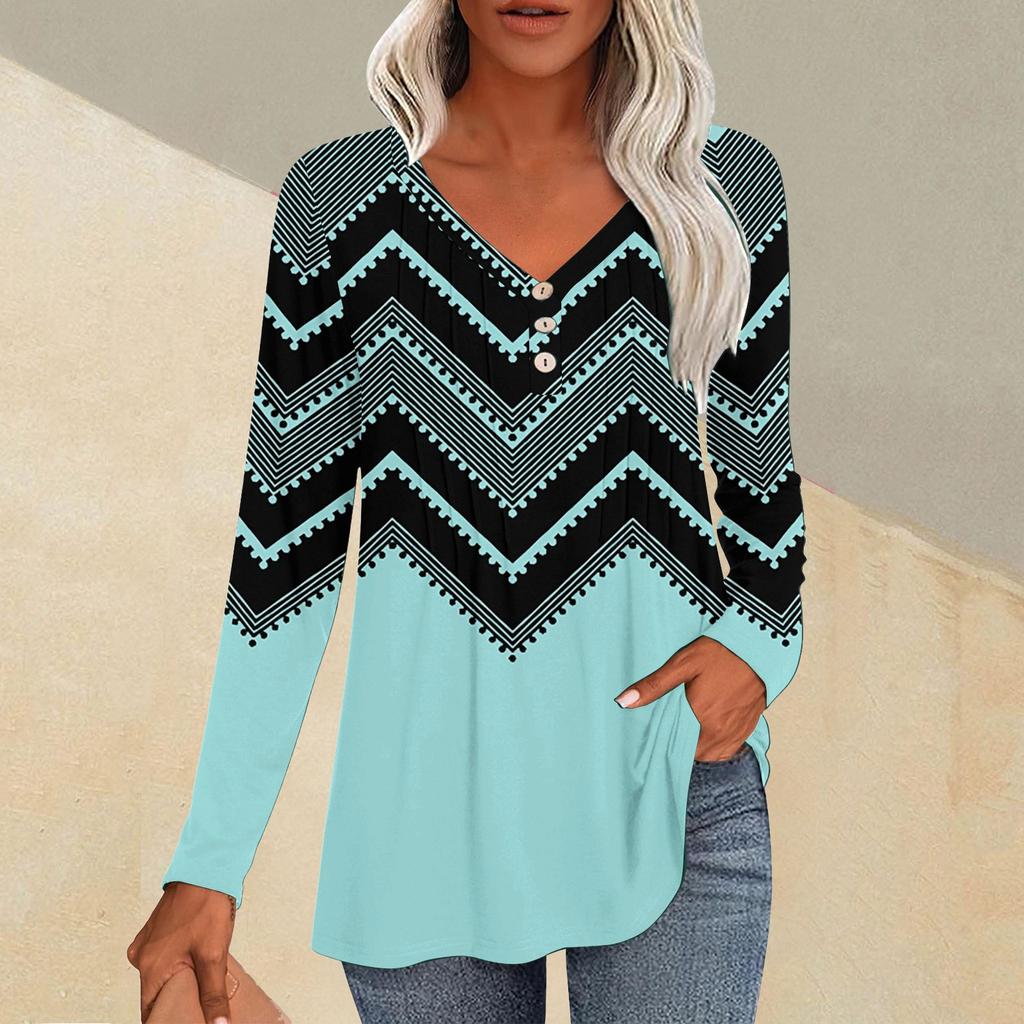 Fashion Tops Casual Pleated V-Neck Line Printed Long Sleeve T-Shirt