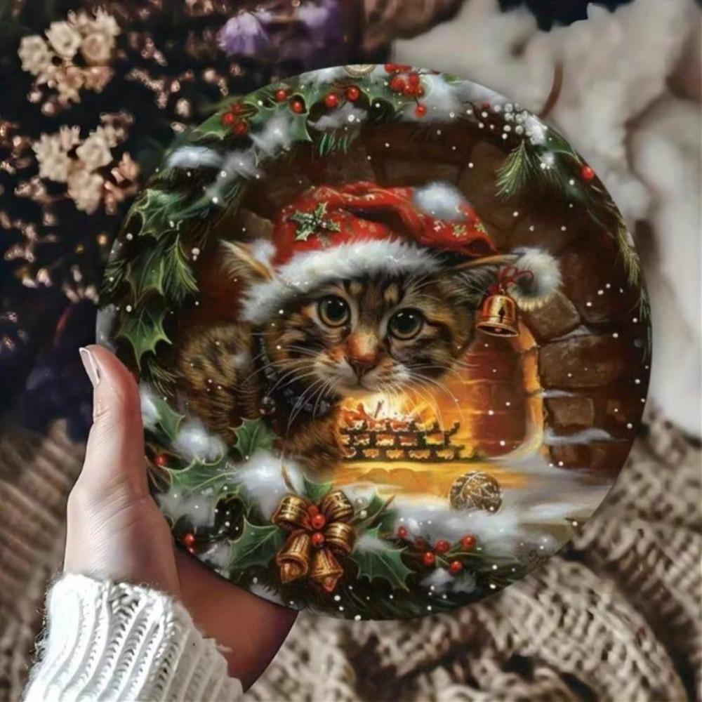 Винтажная металлическая табличка с рождественским котом, настенный декор, для помещений и улицы, юмористический, тисненый фольгой, праздничное искусство