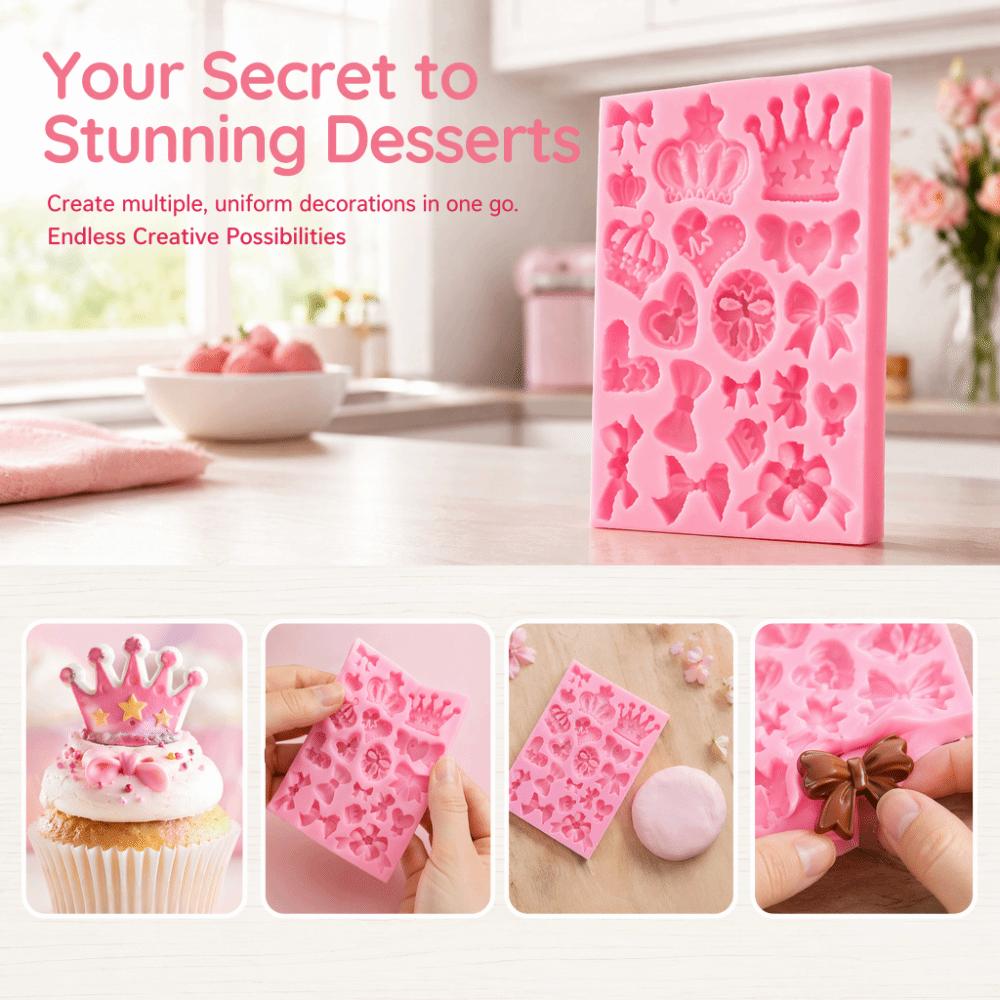 Food Grade Silicone Fondant Mold Crown Bow Design Multiple Cavities Silicone Mold Smooth Surface Heat Resistant Sugar Paste Mold