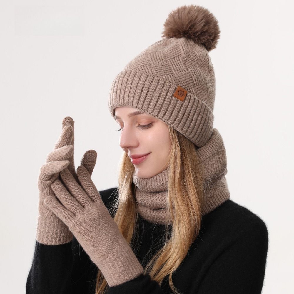 3pcs Wool Hat Scarf Gloves Set Solid Color Winter Beanie Hat Neck Warmer Thermal Knit Cap Winter