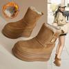 Fashion 2024 High Quality Suede Cow Genuine Leather Platform Wedge Winter Plush Women Boots Hidden Heels Warm Ankle Booties Brownboots