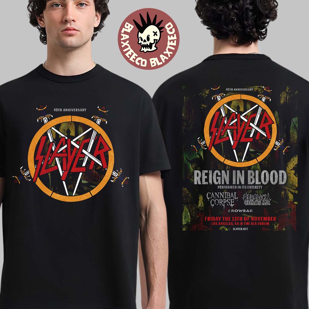Футболка Slayer 40-летний юбилей Reign In Blood 2026 в Лос-Анджелесе, Калифорния, в Kia Forum 13 ноября 2026 г.