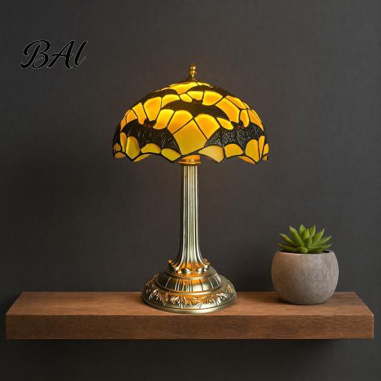 Small Resin Lamp for Bookshelf Stained Glass Black Bat Table Lamp, Vintage Retro Goth Chic Office Desk Decor Halloween Gothic Bedside Light Dormitory,