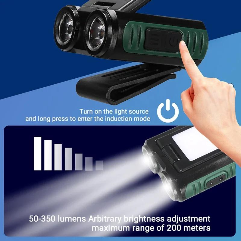 COB+LED датчик налобный фонарь USB зарядка портативный зажим для шляпы ультра яркий прожектор для рыбалки и активного отдыха на природе фонарь