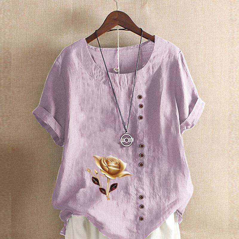 Women's Fashion Round Neck Short Sleeve T-shirt Casual Cotton Linen Graphic Shirt Leisure Loose Flower Prined Summer Blouse Tops