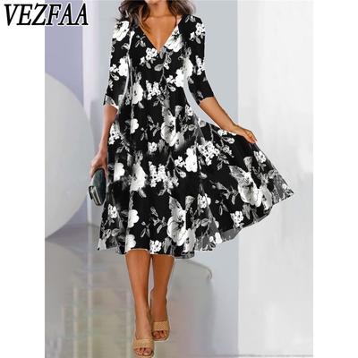 Женская мода весна осень цветочный узор принт рукава 3/4 V-образный вырез средняя талия повседневные платья