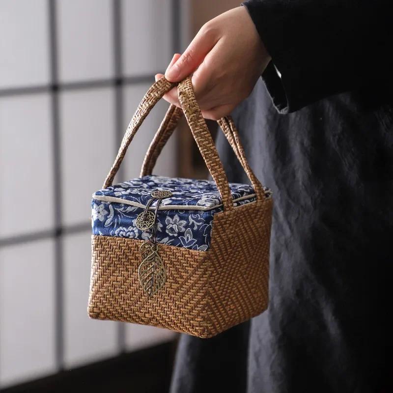 Handmade Woven Tea Ware Storage Bag, Fabric - Patchwork & Padded, Portable Handle, Teapot/Cup Organizer (Multi - Color)